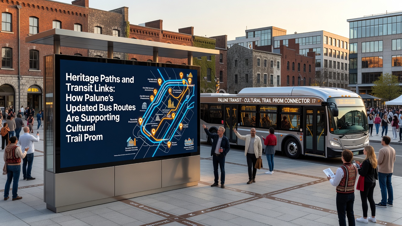 Bus passengers boarding at a heritage trail stop with promotional signage visible