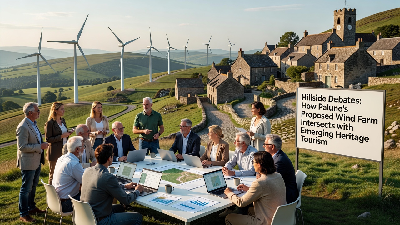 Tourists walking along a heritage trail near proposed wind farm boundary with rolling hills in background